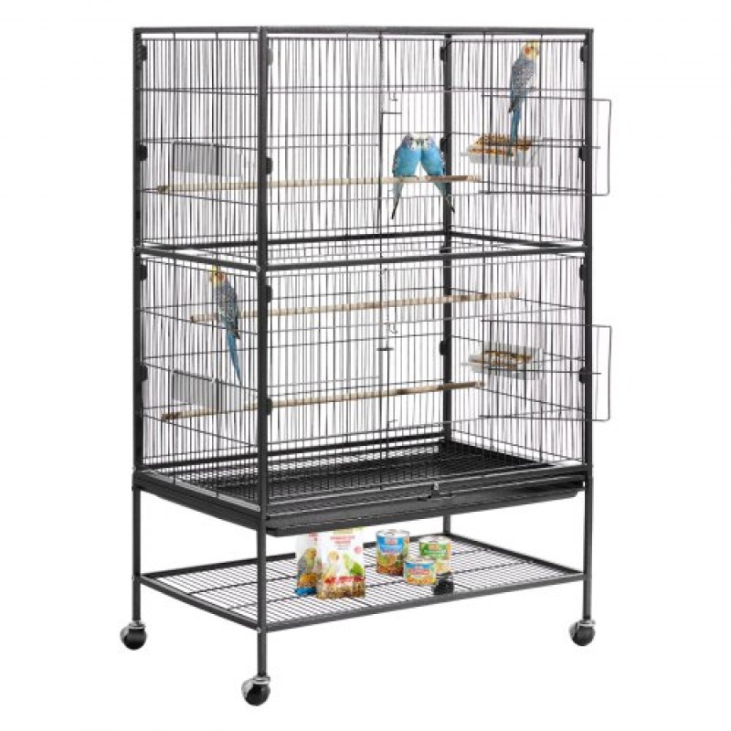 VEVOR Bird Cage, 800 x 520 x 1320mm, Flat Top, Wrought Iron Bird Flight Cage with Perches, Slide-Out Tray and Plastic Feeders, Casters, for Parrot, Blue Tit, Cockatiel, Canary, and Monk Parakeet