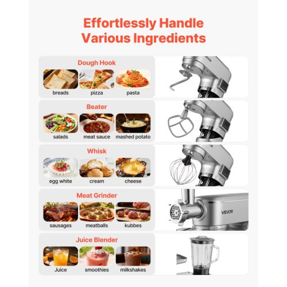 VEVOR Stand Mixer, 5.7 L Electric Kitchen Mixer, 1500W Dough-Mixer, 6+P Speeds Tilt-head Food-Mixer with 1.5 L Blender Cup, Stainless Steel Bowl, Dough Hook, Whisk, Beater, for Baking, Mixing, Silver