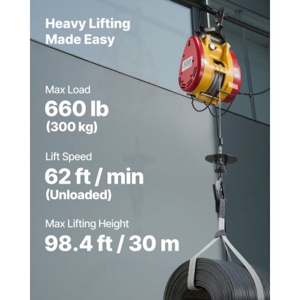 VEVOR 2-in-1 Electric Hoist Winch, 300 kg Capacity, 1500W Portable Power Winch Crane, 30 m Lifting Height, 18.9 m/min with Wired and Wireless Remote Control for Factory, Warehouss, Garage