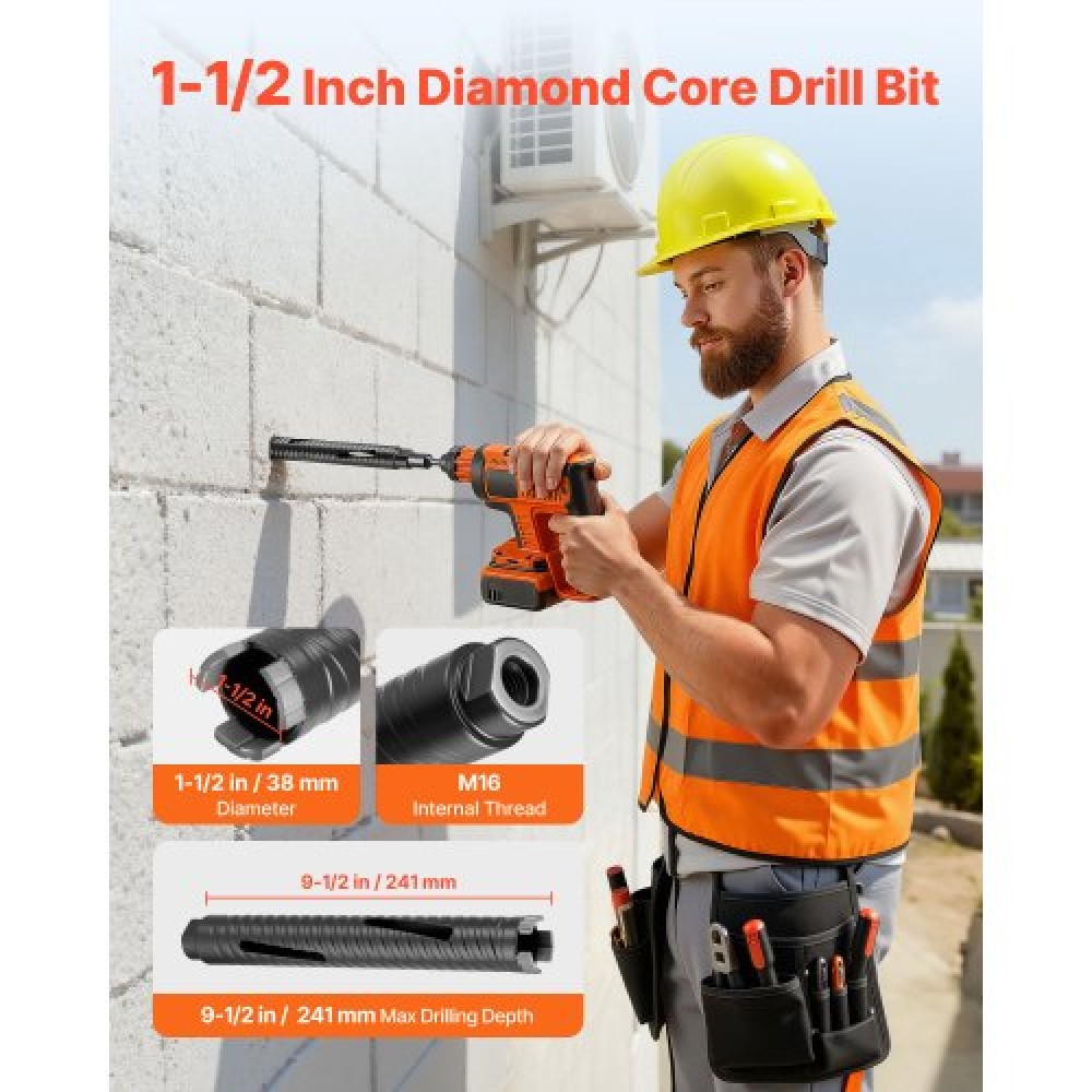 VEVOR Core Drill Bit, 38 mm Diameter, 241 mm Drilling Depth, M16 Internal Thread, Diamond Dry Coring Bit with 3 Adapters, Pilot Drill and Hex Wrench, for Reinforced Concrete, Red Bricks, and Masonry