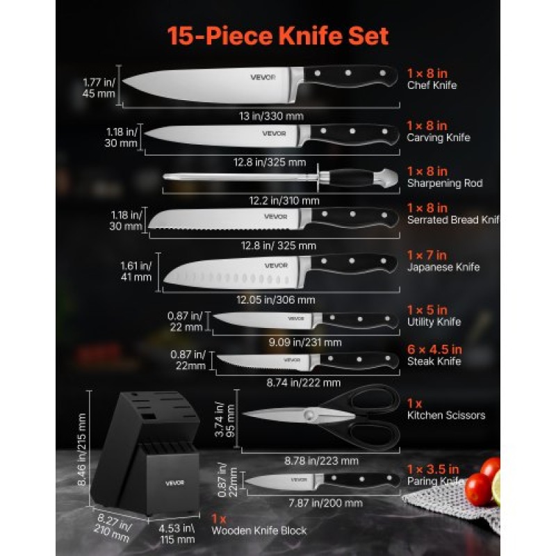 VEVOR Kitchen Knife Set with Block and Sharpener, 15 Piece High Carbon Stainless Steel Sharp Knife Set, Kitchen Cutlery with Crack-Resistant Handle, Sharpening Rod and Wooden Block, for Home Cooks