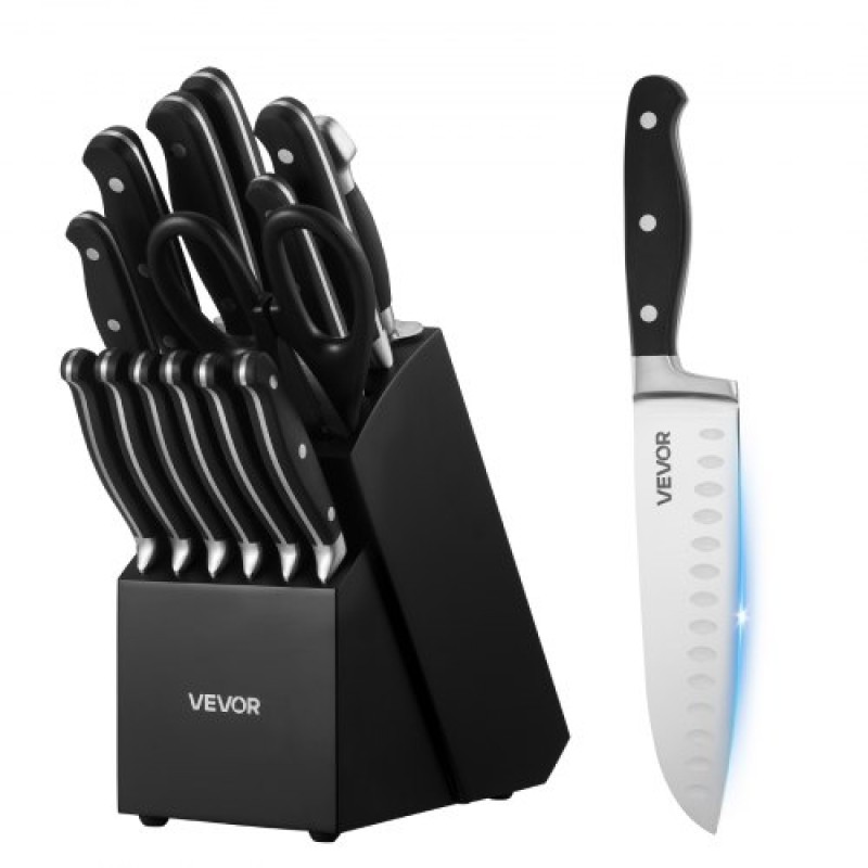 VEVOR Kitchen Knife Set with Block and Sharpener, 15 Piece High Carbon Stainless Steel Sharp Knife Set, Kitchen Cutlery with Crack-Resistant Handle, Sharpening Rod and Wooden Block, for Home Cooks
