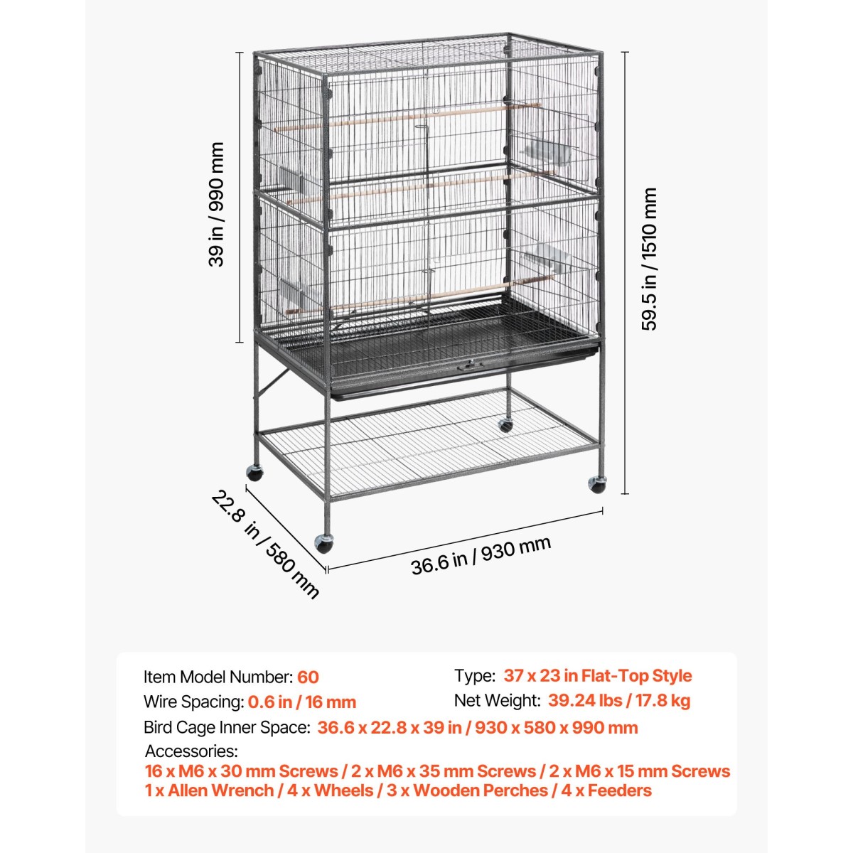 Κλουβί πουλιών VEVOR, 930 x 580 x 1510 mm, Επίπεδη κορυφή, Κλουβί πτήσης από σφυρήλατο σίδερο με κούρνιες, συρόμενος δίσκος και πλαστικοί τροφοδότες, για Μπλε βυζιά, Cockatiel, Canary, Monk Parakeet, African Grey Parrot
