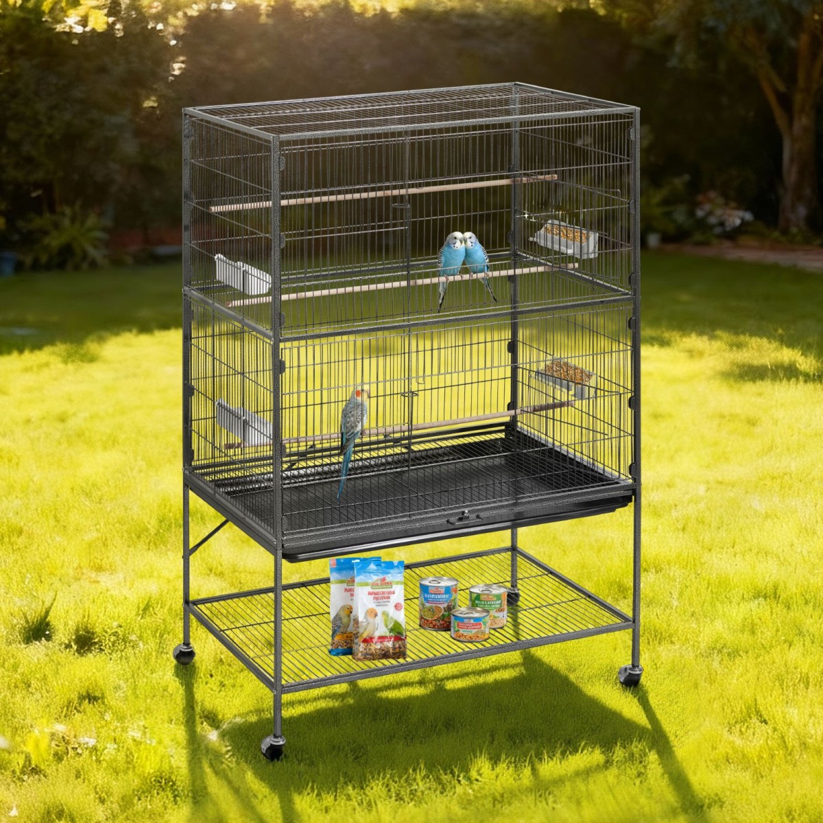 Κλουβί πουλιών VEVOR, 930 x 580 x 1510 mm, Επίπεδη κορυφή, Κλουβί πτήσης από σφυρήλατο σίδερο με κούρνιες, συρόμενος δίσκος και πλαστικοί τροφοδότες, για Μπλε βυζιά, Cockatiel, Canary, Monk Parakeet, African Grey Parrot