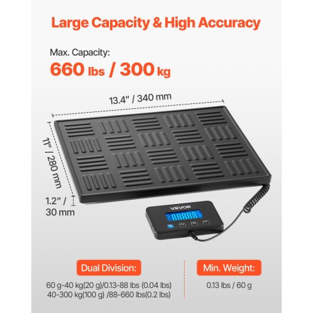 Ψηφιακή ταχυδρομική ζυγαριά VEVOR, 20 g/100 g Διπλής ακρίβειας, Εμπορική ζυγαριά βάρους 300 kg με λειτουργία Hold/Tare & οθόνη LCD, Κατάλληλη για πακέτα, ταχυδρομικά τέλη, αποσκευές, μπαταρία και καλώδιο φόρτισης