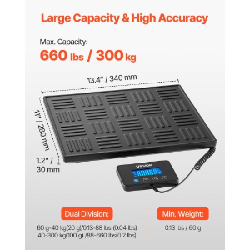 Ψηφιακή ταχυδρομική ζυγαριά VEVOR, 20 g/100 g Διπλής ακρίβειας, Εμπορική ζυγαριά βάρους 300 kg με λειτουργία Hold/Tare & οθόνη LCD, Κατάλληλη για πακέτα, ταχυδρομικά τέλη, αποσκευές, μπαταρία και καλώδιο φόρτισης