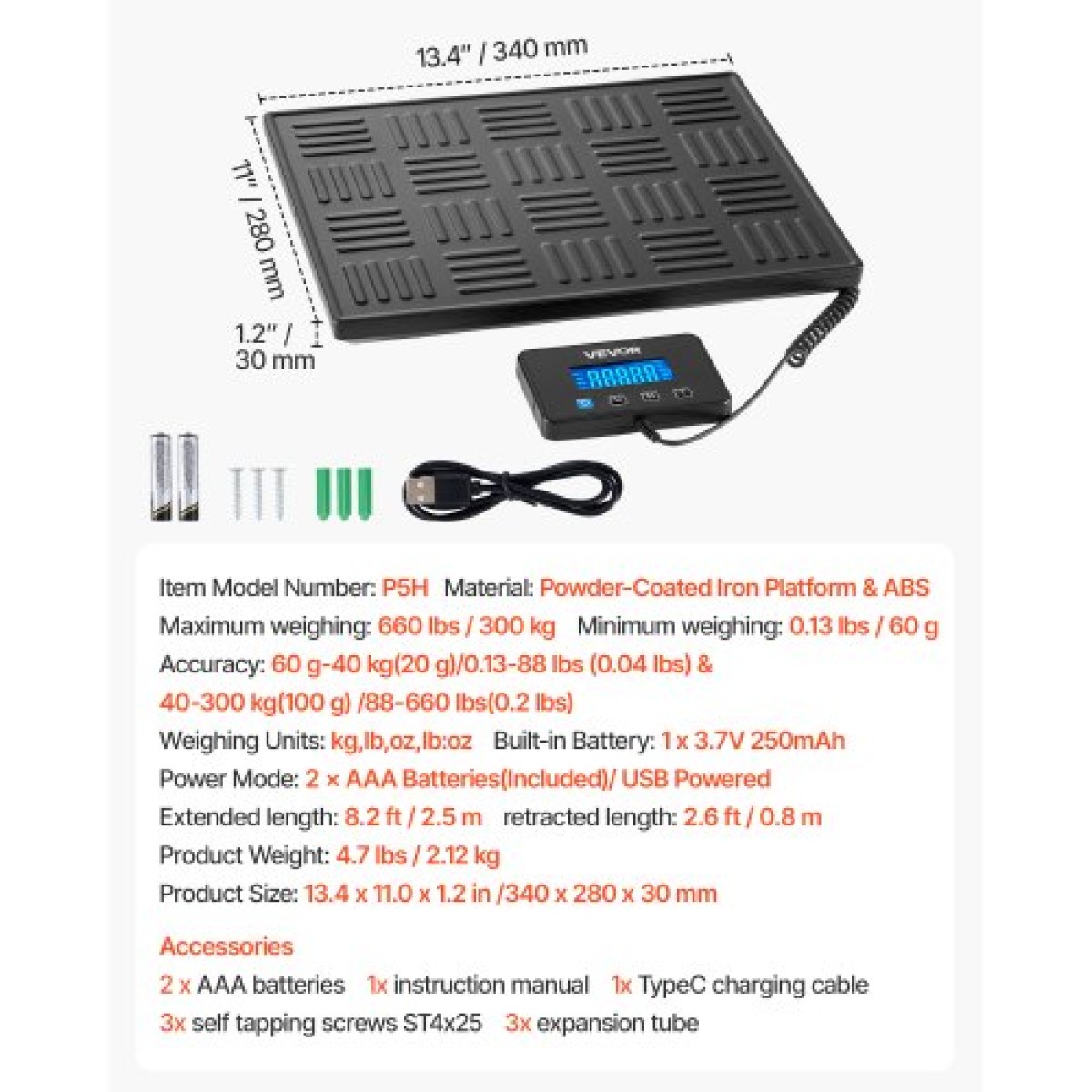 Ψηφιακή ταχυδρομική ζυγαριά VEVOR, 20 g/100 g Διπλής ακρίβειας, Εμπορική ζυγαριά βάρους 300 kg με λειτουργία Hold/Tare & οθόνη LCD, Κατάλληλη για πακέτα, ταχυδρομικά τέλη, αποσκευές, μπαταρία και καλώδιο φόρτισης