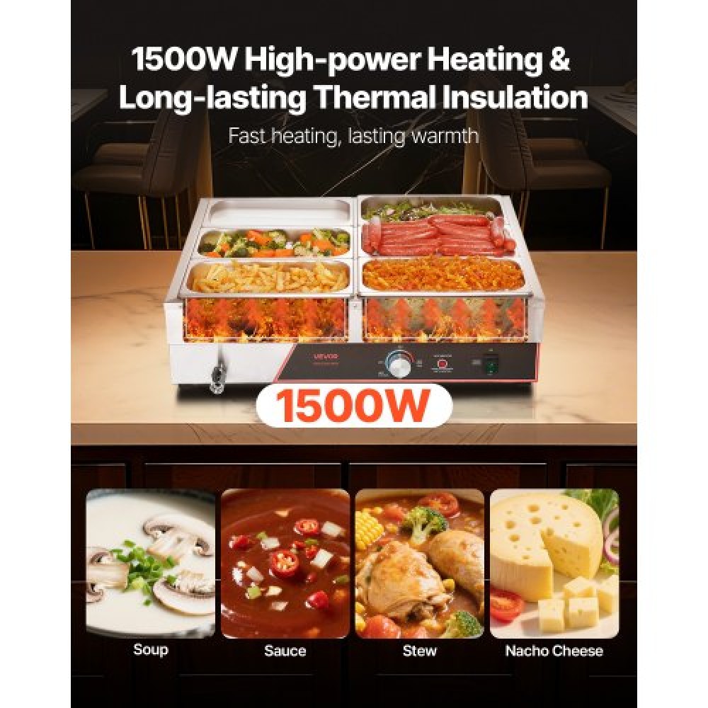 VEVOR Commercial Food Warmer, 1500W Electric Stainless Steel Steam Food Warming with Lid, 6-Pan Fast Heating Countertop Buffet Bain Marie with Power Cord, for Catering, Restaurant, Party & Buffets