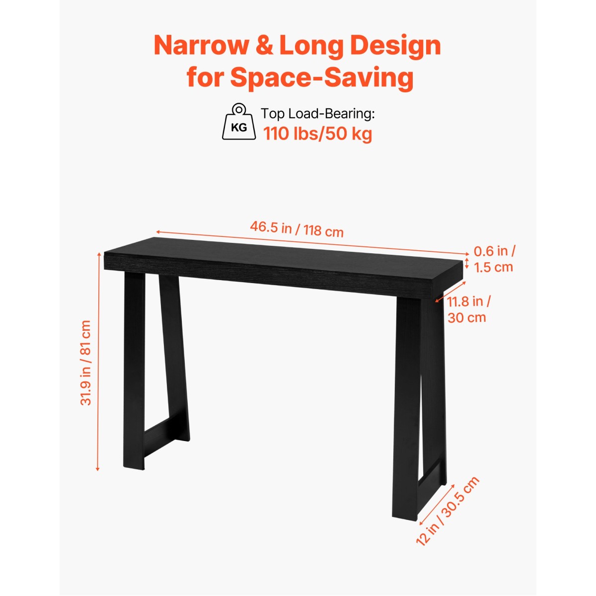 Τραπέζι κονσόλας VEVOR 118 cm, Μοντέρνο Γραφείο Πίσω από τον Καναπέ, Ξύλινο Ορθογώνιο Γραφείο Είσοδος, Στενό Μακρύ Καναπέ Τραπέζι Accent Stand για διάδρομο, Υπνοδωμάτιο, Σαλόνι, Φουαγιέ, Εύκολη συναρμολόγηση, Μαύρο