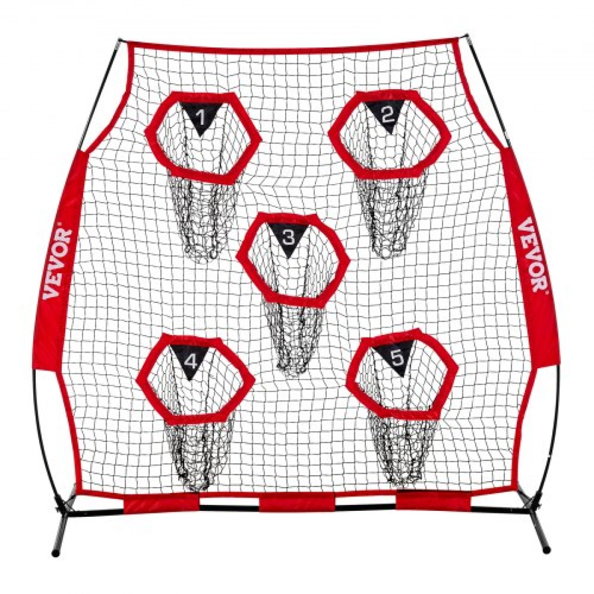 VEVOR 1828.8x1828.8mm Football Trainer Throwing Net, Training Throwing Target Practice Net with 5 Target Pockets, Knotless Net Includes Straps and Portable Carry Case, Improve QB Throwing Accuracy,Red