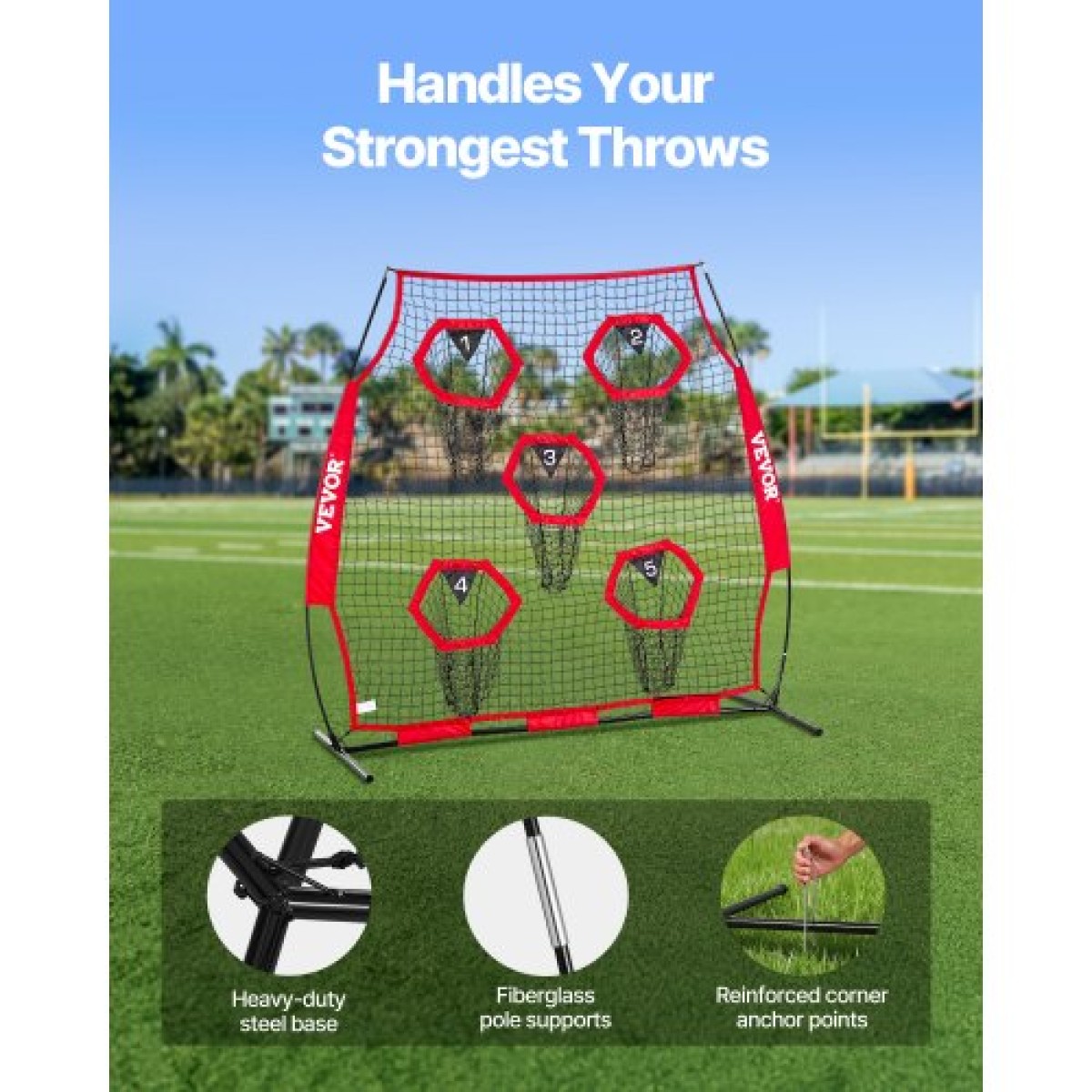 VEVOR 1828.8x1828.8mm Football Trainer Throwing Net, Training Throwing Target Practice Net with 5 Target Pockets, Knotless Net Includes Straps and Portable Carry Case, Improve QB Throwing Accuracy,Red