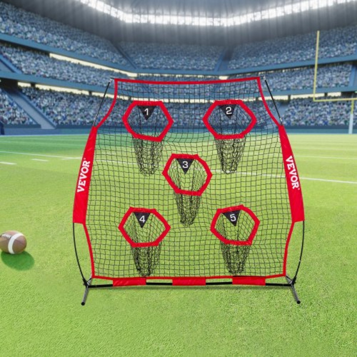 VEVOR 1828.8x1828.8mm Football Trainer Throwing Net, Training Throwing Target Practice Net with 5 Target Pockets, Knotless Net Includes Straps and Portable Carry Case, Improve QB Throwing Accuracy,Red