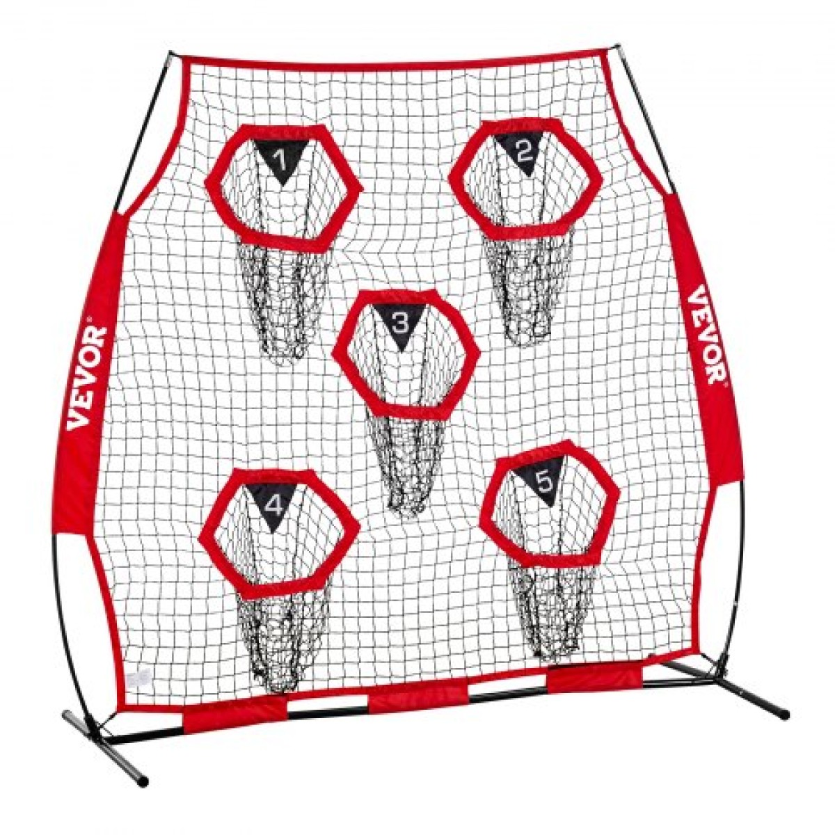 VEVOR 1828.8x1828.8mm Football Trainer Throwing Net, Training Throwing Target Practice Net with 5 Target Pockets, Knotless Net Includes Straps and Portable Carry Case, Improve QB Throwing Accuracy,Red