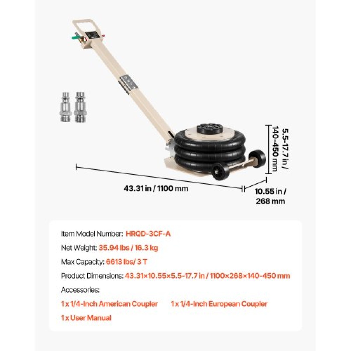 VEVOR Air Jack, Air Jack Triple Bag 3 Ton, Airbag με έξι χαλύβδινους σωλήνες, ανύψωση έως 450 mm, 1-6 s Fast Lifting Pneumatic με ρυθμιζόμενη μακριά λαβή & ελαστικό μαξιλαράκι για αυτοκίνητα, SUV, Pickup Trucks Επισκευή