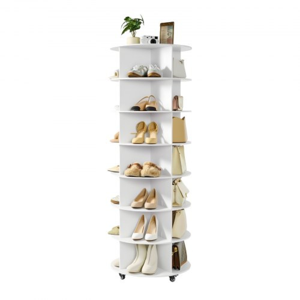 VEVOR 7 Tiers Rotating Shoe Rack Tower with Wheels, Movable 360° Spinning Carousel Display, Lazy Susan Organizer Closet Shelf for Living Room, Entryway, White