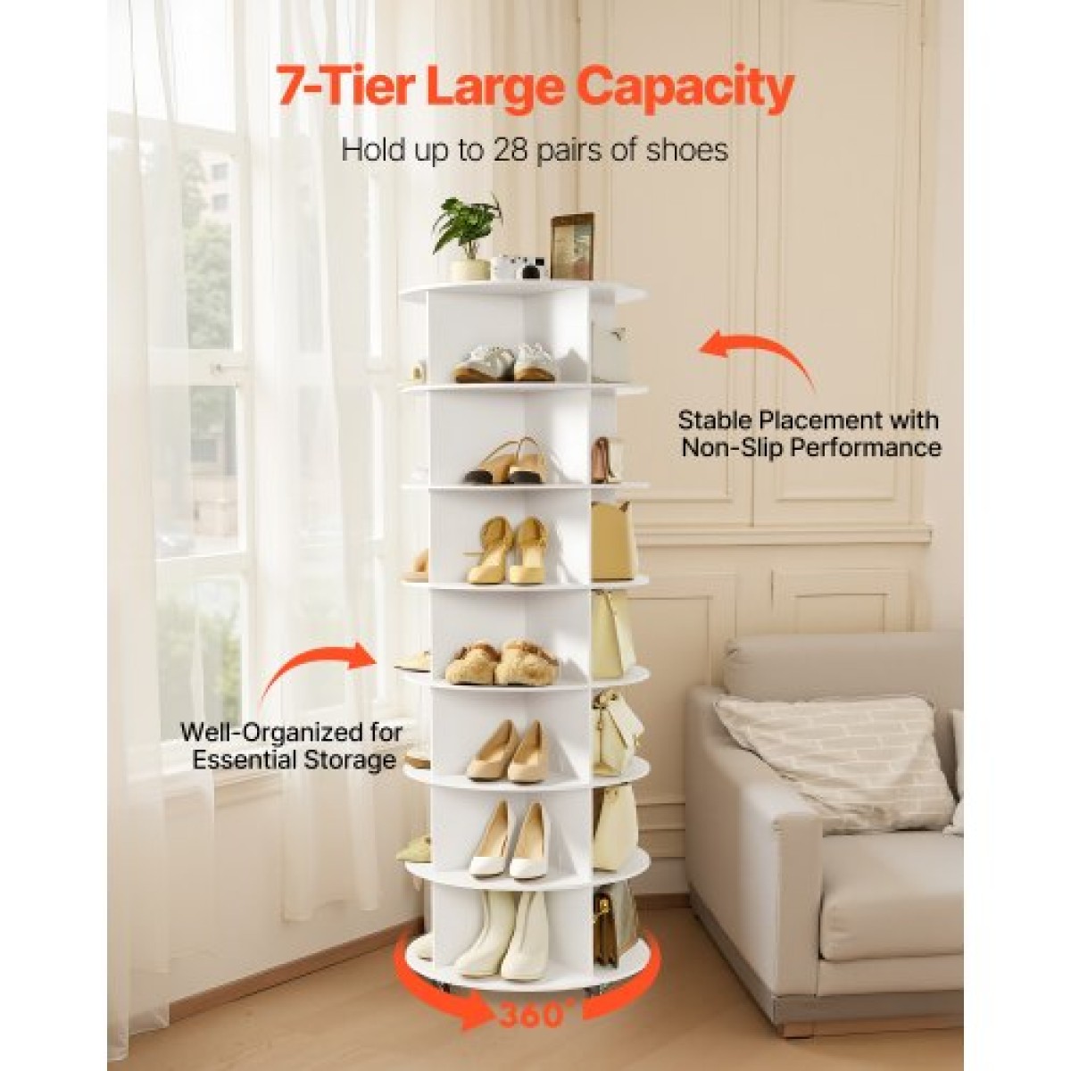 VEVOR 7 Tiers Περιστρεφόμενος πύργος ραφιών παπουτσιών με ρόδες, κινητή οθόνη 360° περιστρεφόμενη καρουζέλ, Lazy Susan Organizer ράφι ντουλάπας για σαλόνι, είσοδος, λευκό