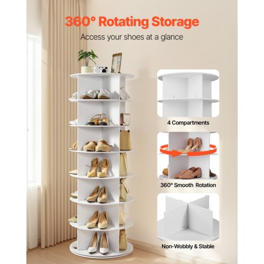 VEVOR 7 Tiers Rotating Shoe Rack Tower, 360° Spinning Shoe Rack, Revolving Storage Round Carousel Display, Freestanding Lazy Susan Organizer Display for Bedroom, Living Room, Entryway, Closet, White