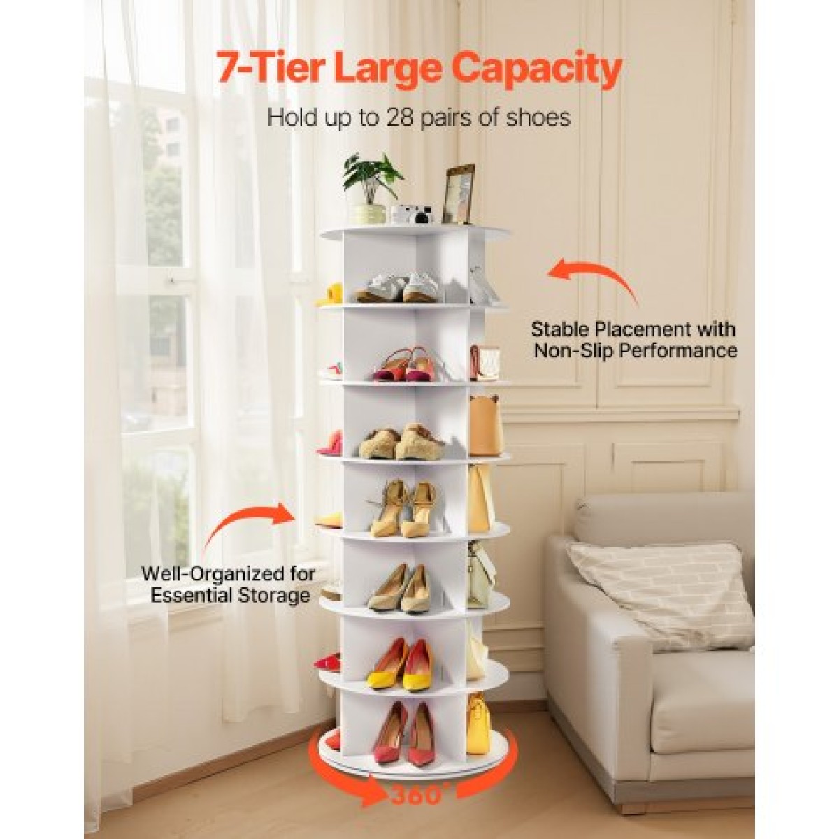VEVOR 7 Tiers Περιστρεφόμενος πύργος ραφιών παπουτσιών, 360° περιστρεφόμενη σχάρα παπουτσιών, Περιστρεφόμενος χώρος αποθήκευσης στρογγυλή οθόνη καρουζέλ, ανεξάρτητη οθόνη οργάνωσης Lazy Susan για Υπνοδωμάτιο, Σαλόνι, Είσοδος, Ντουλάπα, Λευκό