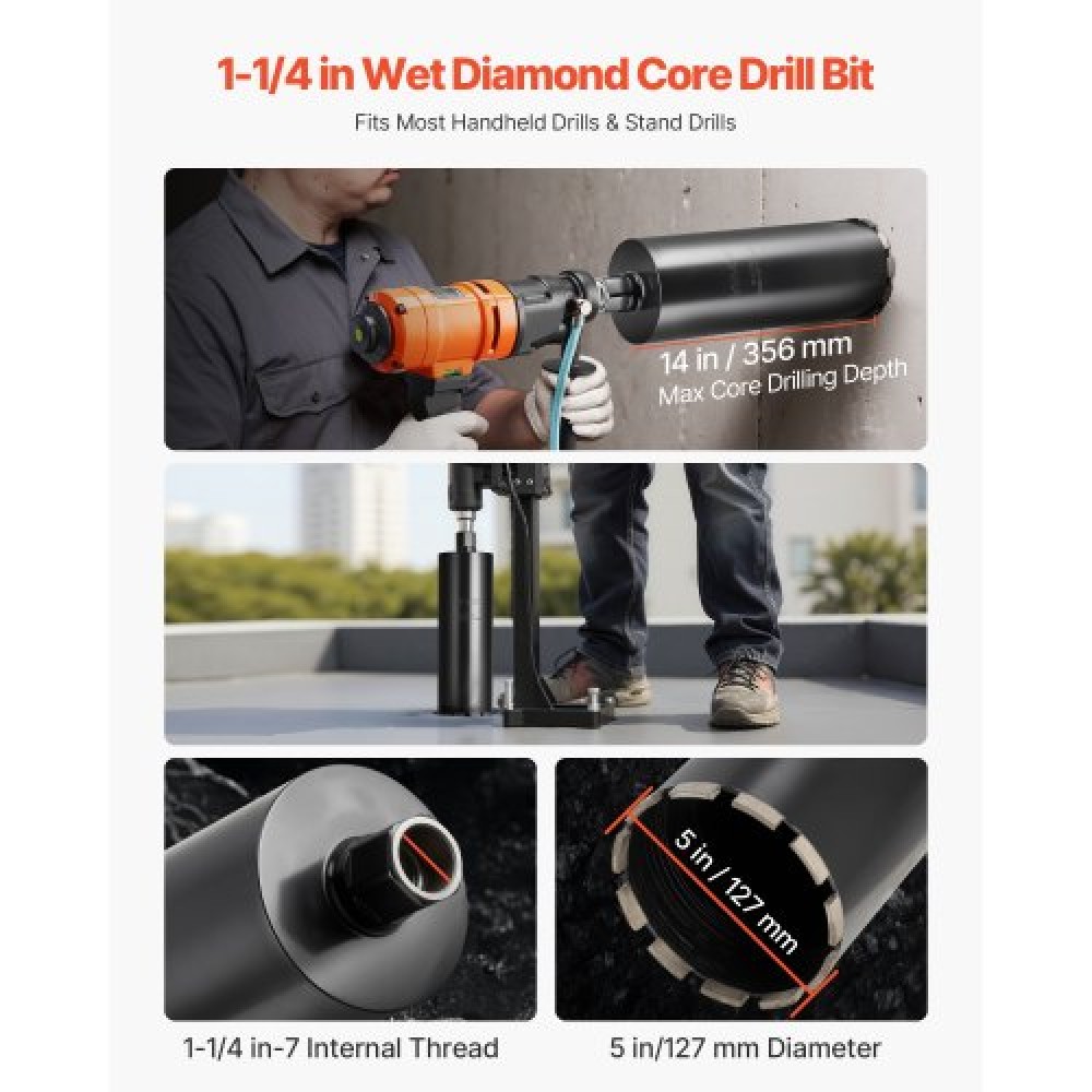 VEVOR Core Drill Bit, 127 mm Diameter, 356 mm Drilling Depth, 1-1/4 in-7 Internal Thread, High-Precision Welding Technology, Wet Diamond Core Bit for Reinforced Concrete, Red Bricks, and Masonry