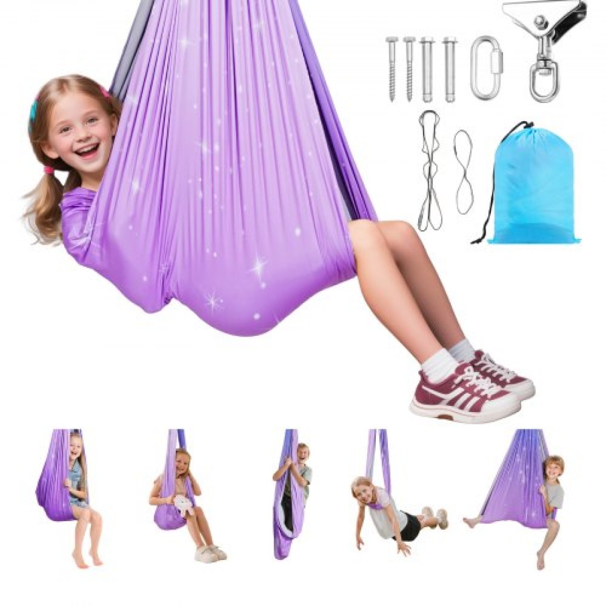VEVOR Sensory Swing, Αιώρα με Αισθητήρια Διπλής Στρώσης, Κούνια αισθητήρων εσωτερικού & εξωτερικού χώρου με περιστρεφόμενη κρεμάστρα 360°, O-Sling, Χωράει έως 136,07 κιλά, Ρυθμιζόμενη Aerial Yoga, Κούνιες οροφής για παιδιά