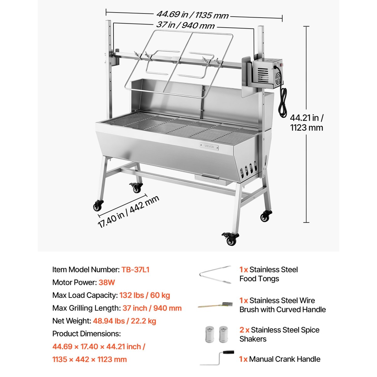 Ψητοπωλείο VEVOR, ψηστιέρα ψησίματος 38 W BBQ εξωτερικού χώρου, Ψητό σούβλας με κάρβουνο με χωρητικότητα 60 κιλών & ύψος 7 επιπέδων, κιτ ψησταριάς ψησίματος από ανοξείδωτο ατσάλι για υπαίθριο κάμπινγκ