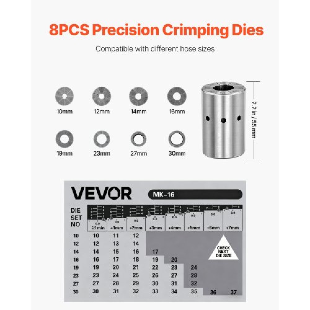 VEVOR High Pressure Hydraulic Hose Crimper, Manual Hose Crimping Tool with 8 Dies & 6-28mm Crimping Range, Suitable for Low & High-Pressure Oil Pipes, Gas/Water/Auto AC Hoses & Cable Joints