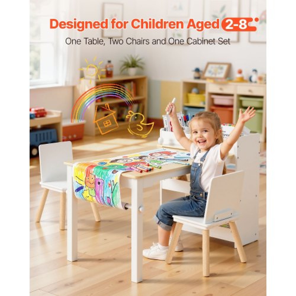 Σετ τραπεζιού και καρέκλας VEVOR Kids Art, Τραπέζι χειροτεχνίας για νήπια με ντουλάπι αποθήκευσης 3 επιπέδων, Ξύλινο Παιδικό γραφείο δραστηριότητας με 2 καρέκλες, Art Craft Play Desk για ανάγνωση, μάθηση, σχέδιο, γραφή, λευκό