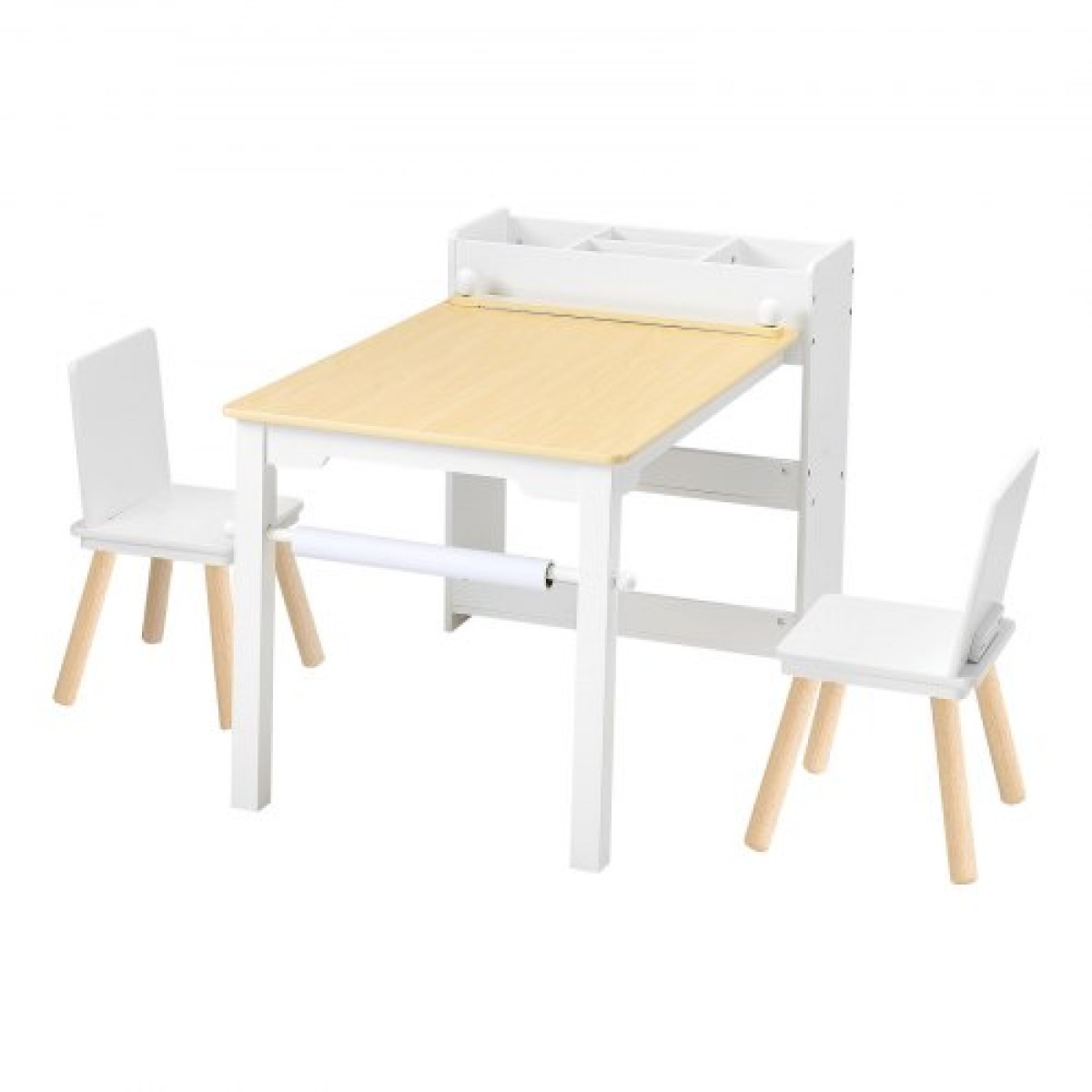 Σετ τραπεζιού και καρέκλας VEVOR Kids Art, Τραπέζι χειροτεχνίας για νήπια με ντουλάπι αποθήκευσης 3 επιπέδων, Ξύλινο Παιδικό γραφείο δραστηριότητας με 2 καρέκλες, Art Craft Play Desk για ανάγνωση, μάθηση, σχέδιο, γραφή, λευκό