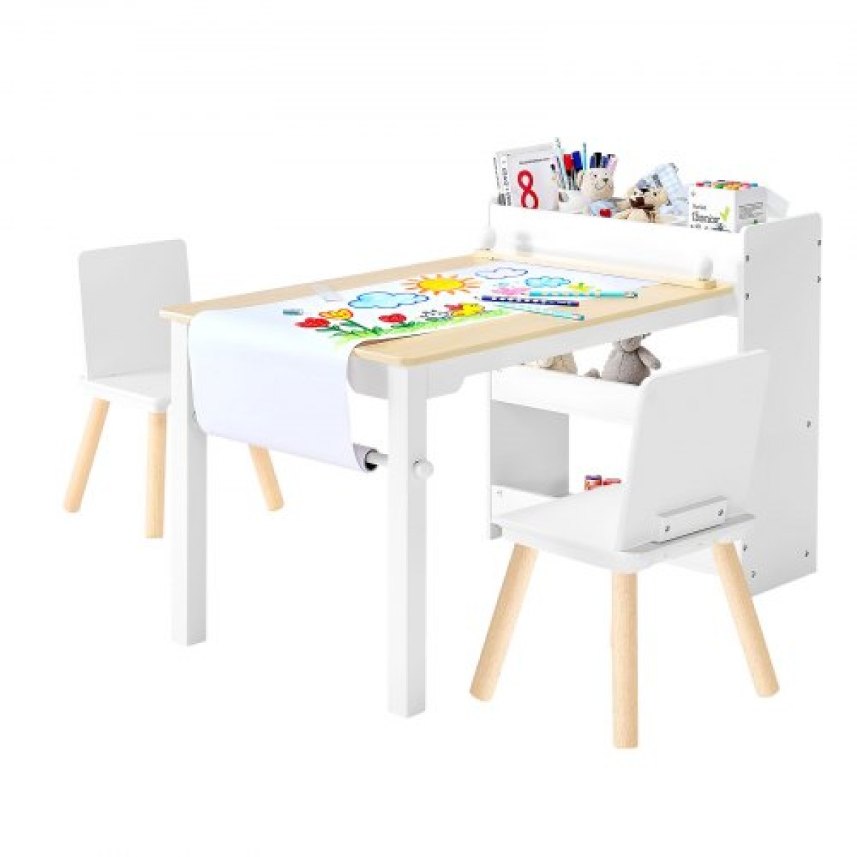 Σετ τραπεζιού και καρέκλας VEVOR Kids Art, Τραπέζι χειροτεχνίας για νήπια με ντουλάπι αποθήκευσης 3 επιπέδων, Ξύλινο Παιδικό γραφείο δραστηριότητας με 2 καρέκλες, Art Craft Play Desk για ανάγνωση, μάθηση, σχέδιο, γραφή, λευκό
