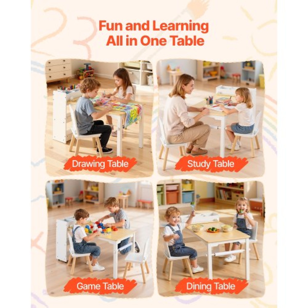 Σετ τραπεζιού και καρέκλας VEVOR Kids Art, Τραπέζι χειροτεχνίας για νήπια με ντουλάπι αποθήκευσης 3 επιπέδων, Ξύλινο Παιδικό γραφείο δραστηριότητας με 2 καρέκλες, Art Craft Play Desk για ανάγνωση, μάθηση, σχέδιο, γραφή, λευκό