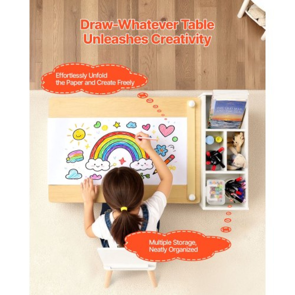 Σετ τραπεζιού και καρέκλας VEVOR Kids Art, Τραπέζι χειροτεχνίας για νήπια με ντουλάπι αποθήκευσης 3 επιπέδων, Ξύλινο Παιδικό γραφείο δραστηριότητας με 2 καρέκλες, Art Craft Play Desk για ανάγνωση, μάθηση, σχέδιο, γραφή, λευκό