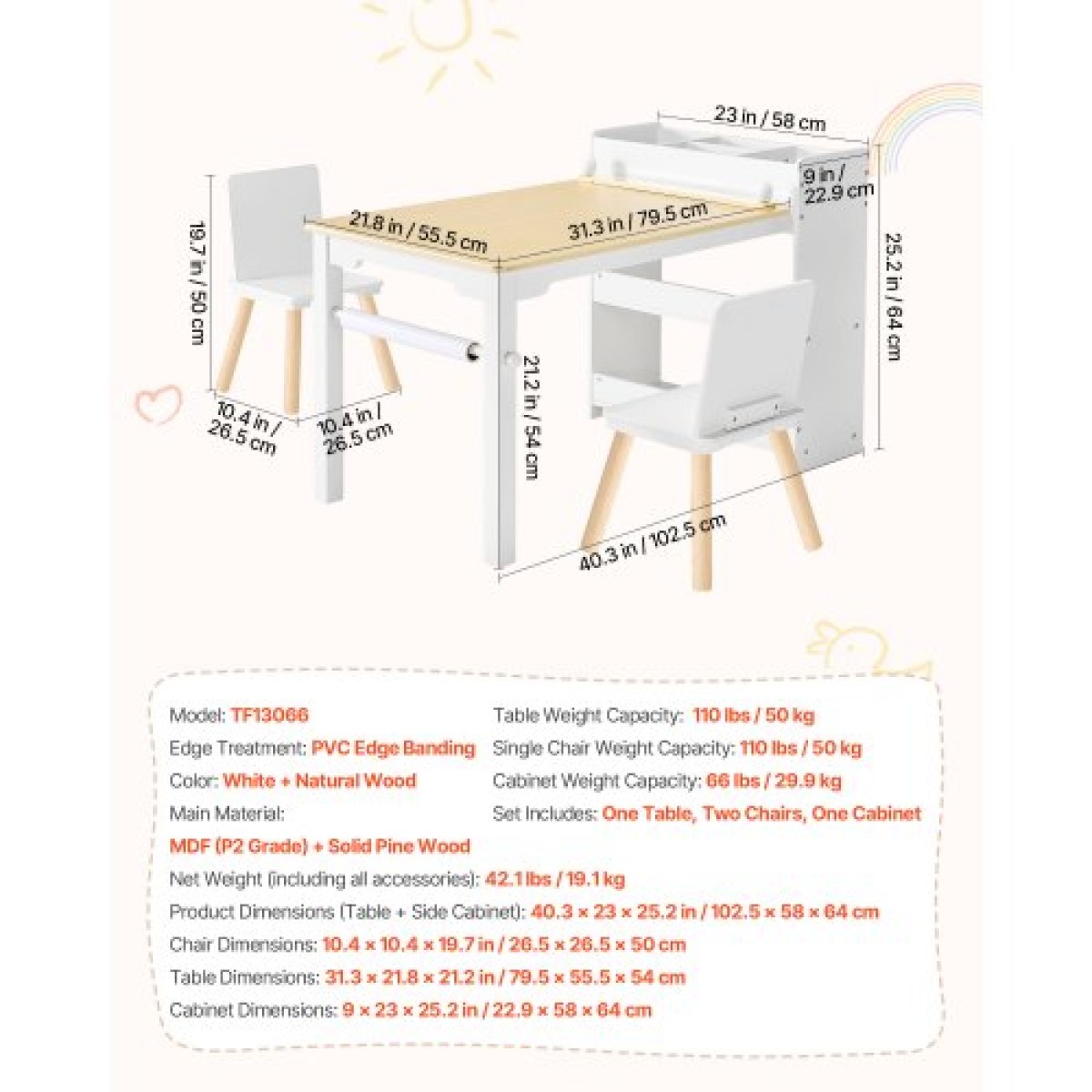 Σετ τραπεζιού και καρέκλας VEVOR Kids Art, Τραπέζι χειροτεχνίας για νήπια με ντουλάπι αποθήκευσης 3 επιπέδων, Ξύλινο Παιδικό γραφείο δραστηριότητας με 2 καρέκλες, Art Craft Play Desk για ανάγνωση, μάθηση, σχέδιο, γραφή, λευκό