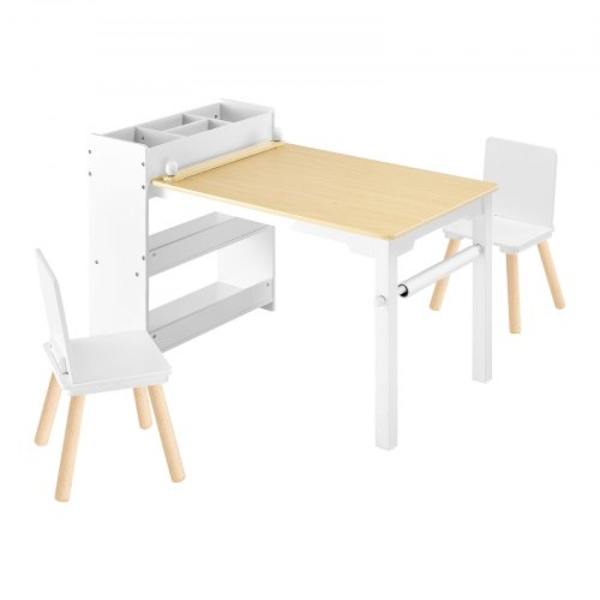 Σετ τραπεζιού και καρέκλας VEVOR Kids Art, Τραπέζι χειροτεχνίας για νήπια με ντουλάπι αποθήκευσης 3 επιπέδων, Ξύλινο Παιδικό γραφείο δραστηριότητας με 2 καρέκλες, Art Craft Play Desk για ανάγνωση, μάθηση, σχέδιο, γραφή, λευκό