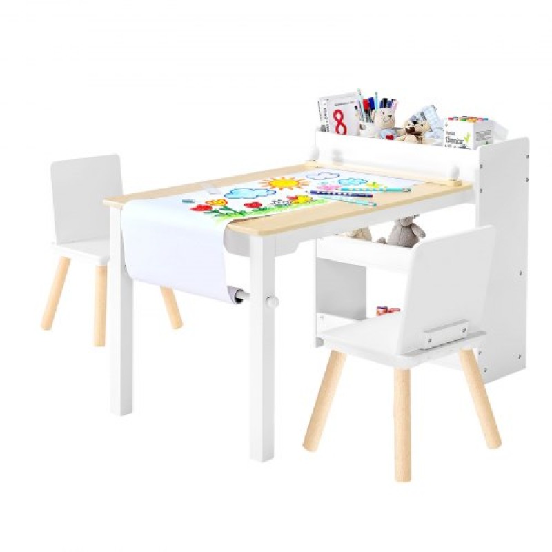 Σετ τραπεζιού και καρέκλας VEVOR Kids Art, Τραπέζι χειροτεχνίας για νήπια με ντουλάπι αποθήκευσης 3 επιπέδων, Ξύλινο Παιδικό γραφείο δραστηριότητας με 2 καρέκλες, Art Craft Play Desk για ανάγνωση, μάθηση, σχέδιο, γραφή, λευκό