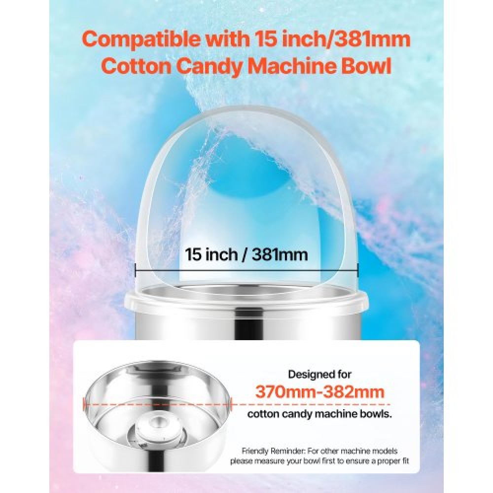 VEVOR Cotton Candy Machine Cover, Transparent Acrylic Dome Bubble Shield, Cotton Candy Machine Bubble Shield Compatible with 381mm Cottons Candies Machines Bowl for Party, Shops, Bottom Groove Design