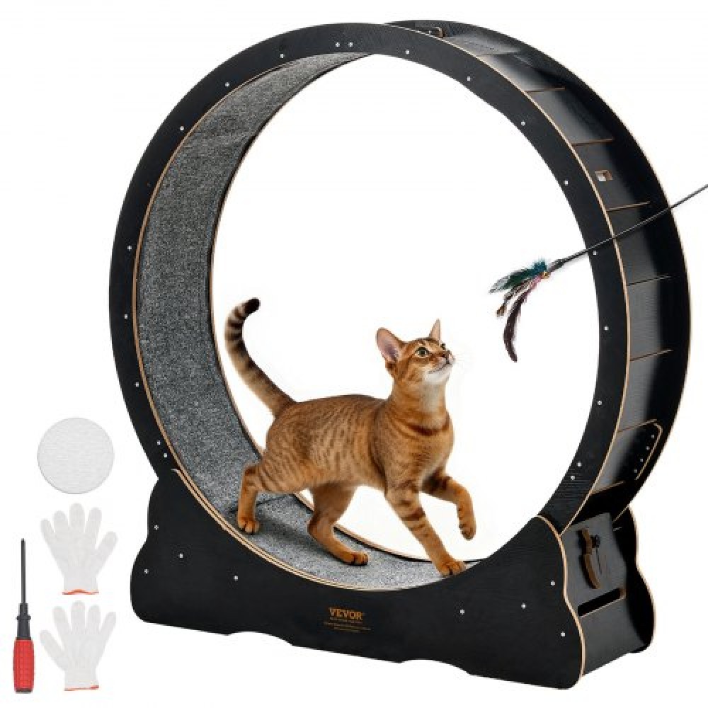 VEVOR Cat Exercise Wheel, 120 cm Wooden Cat Running Wheel for Indoor Cats up to 12.7 kg, Cats Treadmill with Carpeted Runway & Locking Mechanism, Quiet Kitten Sport Toys for Pets Fitness, Black