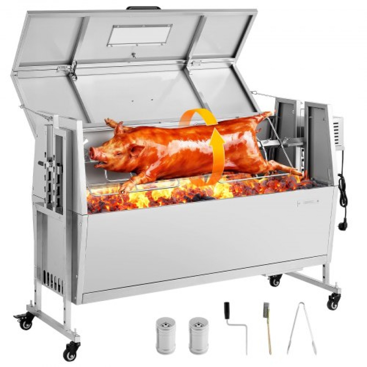 Ψητοπωλείο VEVOR, ψηστιέρα ψησίματος 38W BBQ εξωτερικού χώρου, Ψητό σούβλας με κάρβουνο με χωρητικότητα 60 κιλών, ρόδες & ύψος 4 επιπέδων, κιτ ψησίματος ψησίματος από ανοξείδωτο ατσάλι για υπαίθριο κάμπινγκ
