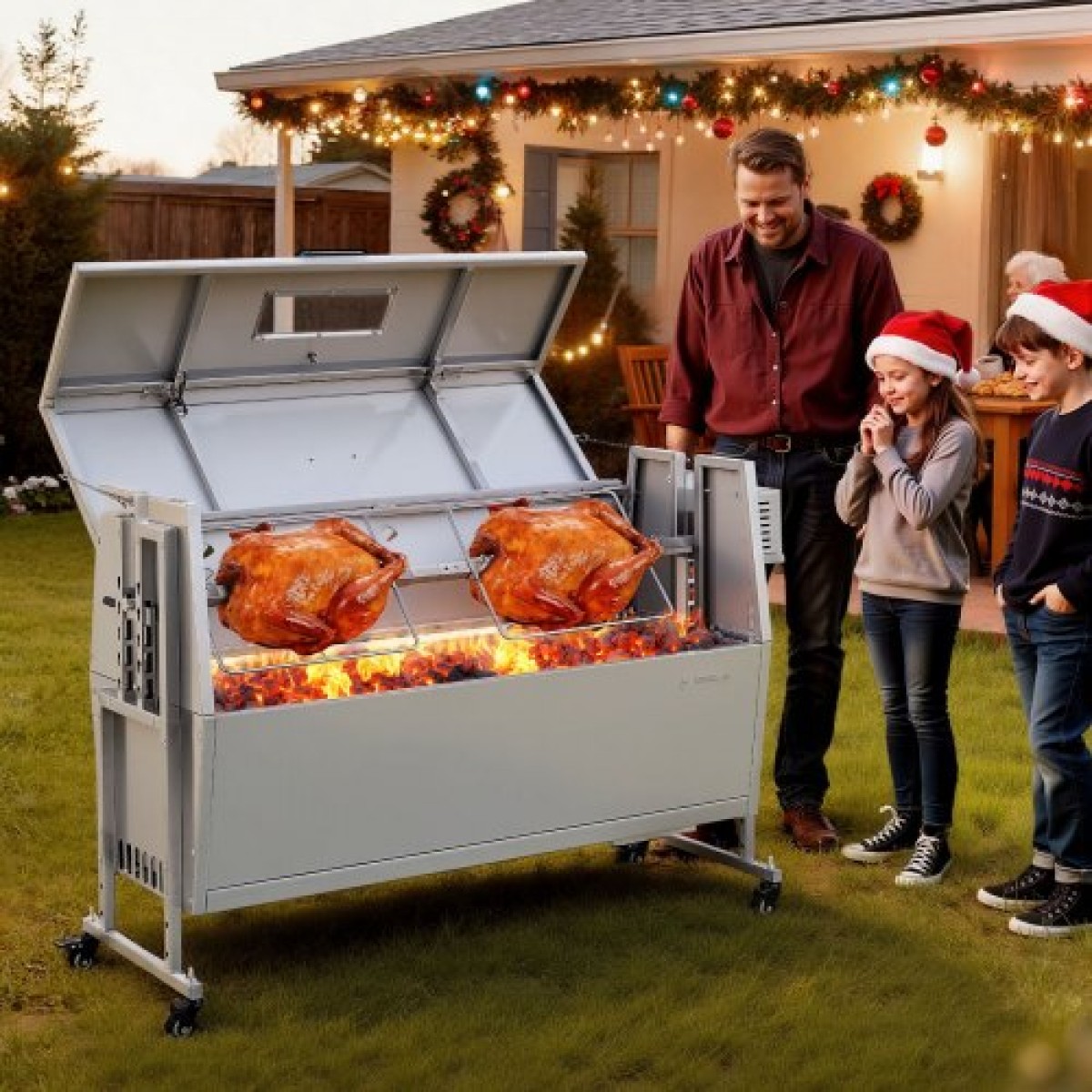 Ψητοπωλείο VEVOR, ψηστιέρα ψησίματος 38W BBQ εξωτερικού χώρου, Ψητό σούβλας με κάρβουνο με χωρητικότητα 60 κιλών, ρόδες & ύψος 4 επιπέδων, κιτ ψησίματος ψησίματος από ανοξείδωτο ατσάλι για υπαίθριο κάμπινγκ