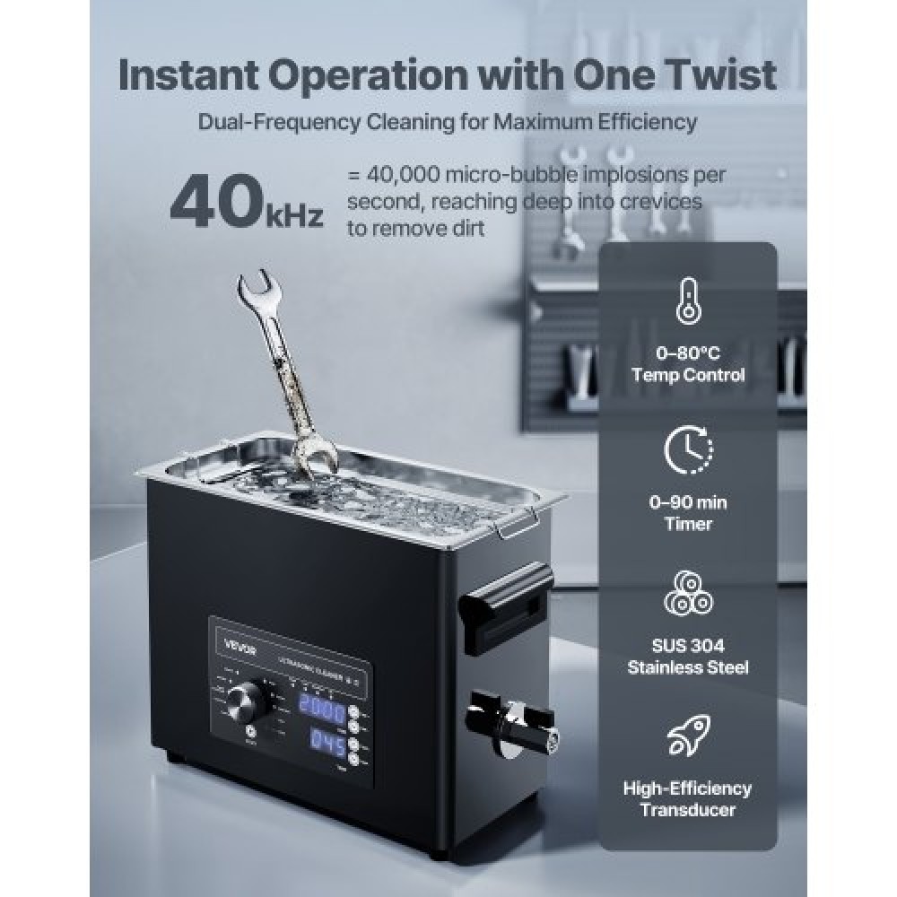 VEVOR 6L Ultrasonic Cleaner, Professional Ultrasonic Cleaner Machine with Knob Control, Stainless Steel Cleaning Machine with Basket and Cleaning Ball, for Watches, Razors, Jewelry, Coins and More