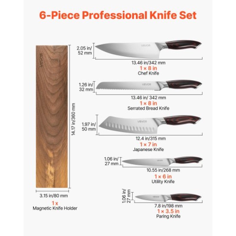 VEVOR Kitchen Knife Set, 6 Piece High Carbon Stainless Steel Sharp Knife Set, Professional Kitchen Cutlery with Ergonomic Crack-Resistant Handle, and Walnut Finish Powerful Magnetic Knives Holder