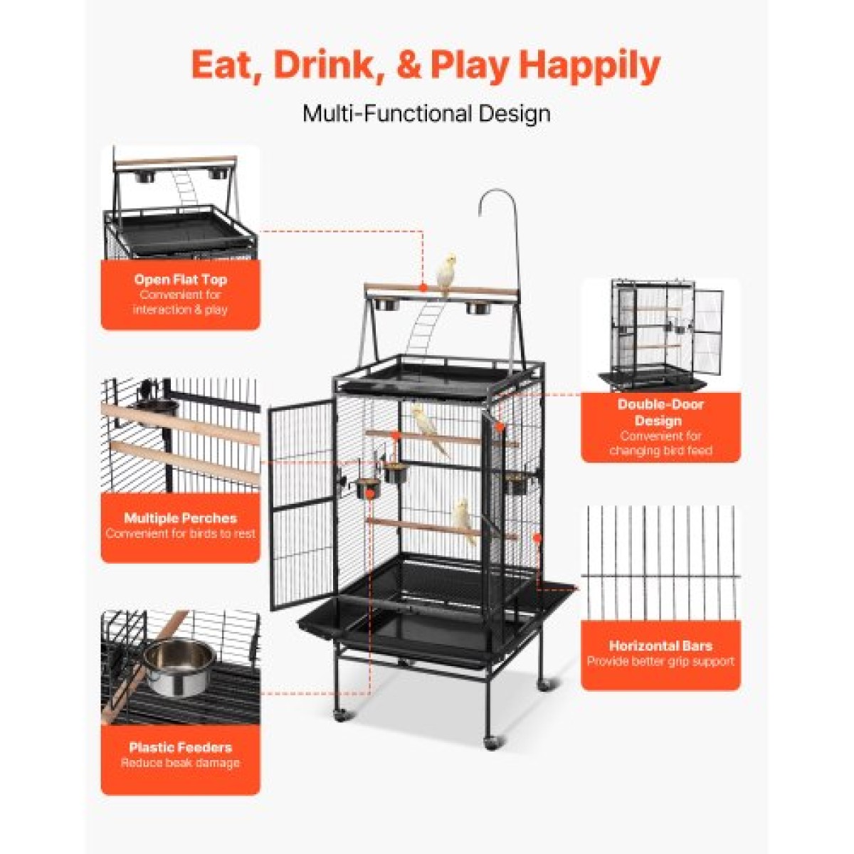 VEVOR Bird Cage, 830 x 790 x 2100 mm, Open Flat Top, Wrought Iron Bird Flight Cage with Perches, Slide-Out Tray, Plastic Feeders, for Cockatiel, Monk Parakeet, Amazon Parrot, African Grey Parrot