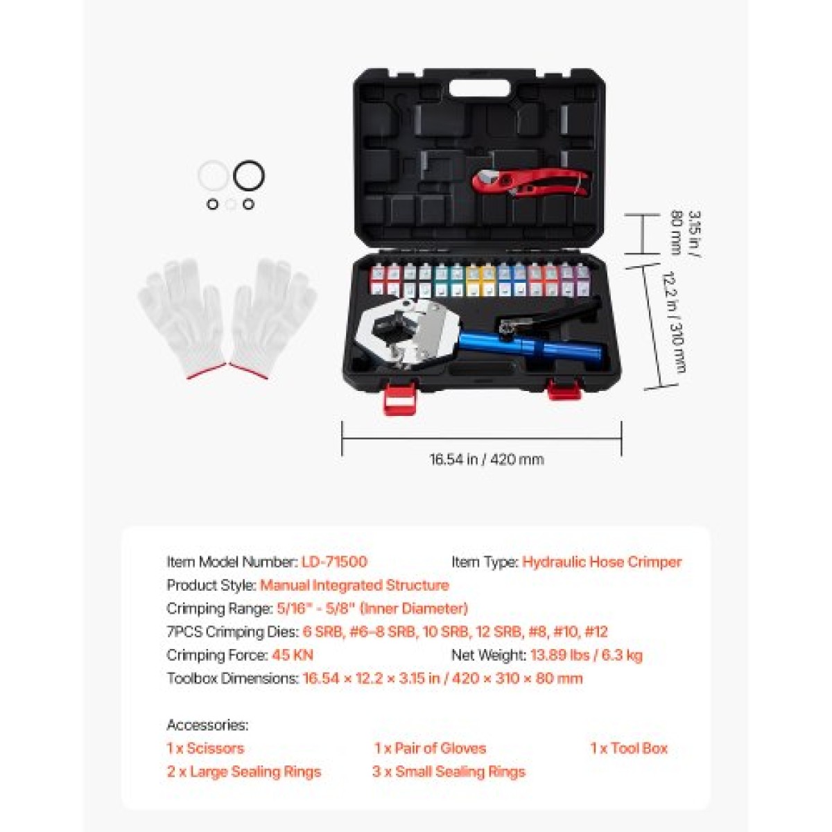 VEVOR Hydraulic Hose Crimper, Hydra-Krimp AC Hose Crimper Kit with 7 Dies Snap-on, Integral Manual Hydraulic Soles A/C Crimper Tool for Automobile & Conditioning Repair - with Carry Case