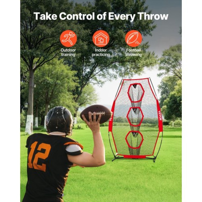 VEVOR 203.2 x 101.6mm Football Trainer Throwing Net, Training Throwing Target Practice Net with 3 Target Pockets, Knotless Net Includes Bow Frame and Portable Carry Case, Improve QB Throwing Accuracy