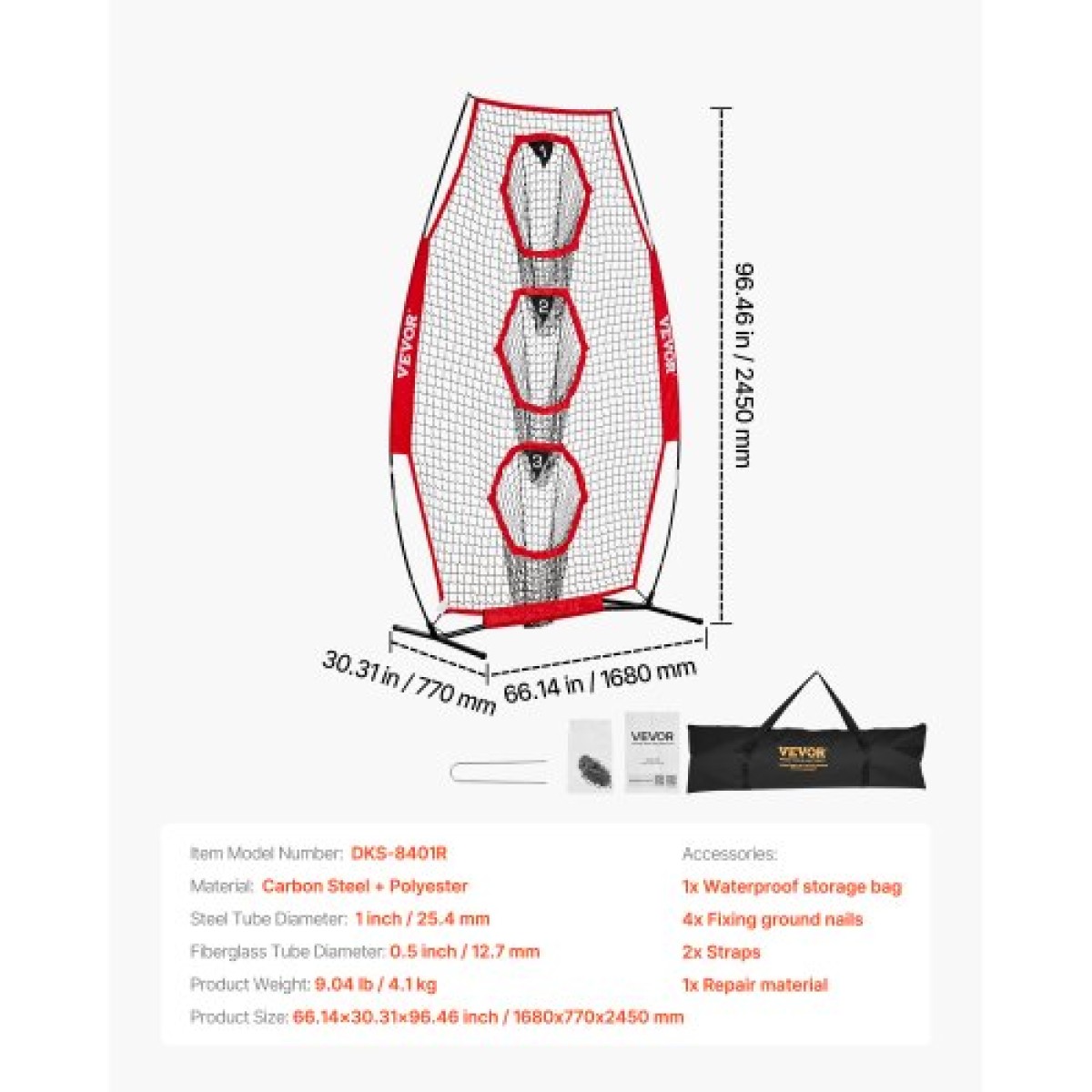 VEVOR 203,2 x 101,6 mm Δίχτυ ρίψης προπονητή ποδοσφαίρου, Δίχτυ εξάσκησης στόχου ρίψης προπόνησης με 3 τσέπες στόχου, δίχτυ χωρίς κόμπους περιλαμβάνει πλαίσιο φιόγκου και φορητή θήκη μεταφοράς, βελτίωση της ακρίβειας ρίψης QB