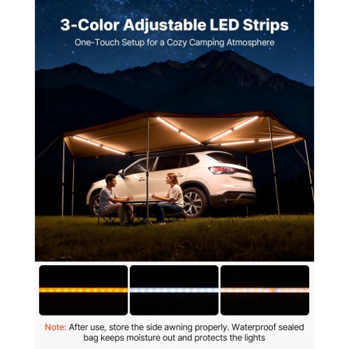 Τέντα VEVOR 270 μοιρών με φώτα LED Bulit-in, 12,4 ㎡ Τέντα οχήματος από την πλευρά του οδηγού, αδιάβροχες πλαϊνές τέντες αυτοκινήτου UV50+, τέντες για παντός καιρού Ελεύθερη στάση για καταφύγιο αυτοκινήτου για SUV Truck Camping