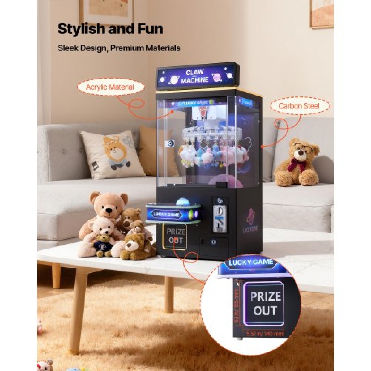 Μηχάνημα VEVOR Claw Crane, Παιχνιδομηχανή Arcade μεσαίου μεγέθους με φως και ήχο, ρυθμιζόμενη δυσκολία, ακριβές παιχνίδι με διανομέα καραμέλας Grabber, για εμπορικούς οικιακούς κινηματογράφους, Μαύρο Μωβ