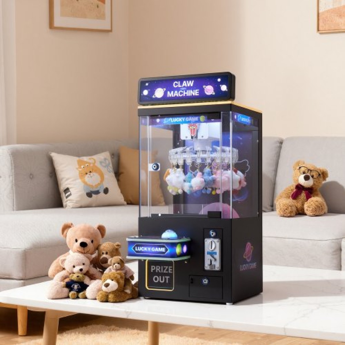 Μηχάνημα VEVOR Claw Crane, Παιχνιδομηχανή Arcade μεσαίου μεγέθους με φως και ήχο, ρυθμιζόμενη δυσκολία, ακριβές παιχνίδι με διανομέα καραμέλας Grabber, για εμπορικούς οικιακούς κινηματογράφους, Μαύρο Μωβ