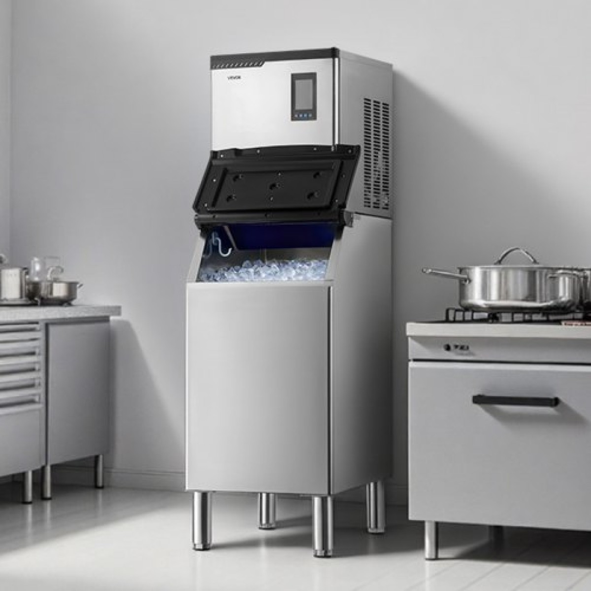 Εμπορική παγομηχανή VEVOR, παγομηχανή 136 KG/24 ωρών με κάδο αποθήκευσης από ανοξείδωτο ατσάλι 136 κιλών, αυτόματη αυτοκαθαριζόμενη παγομηχανή με οθόνη αφής για Bar Cafe Restaurant Business Commercial