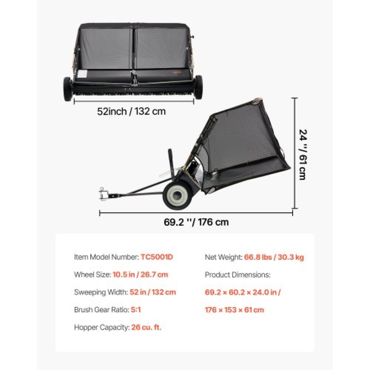 VEVOR 26,7 cm Ρυμούλκηση πίσω από το σάρωθρο γκαζόν, 26 ​​cu.ft.Σάρωθρο μεγάλης αυλής, ρυθμιζόμενο ύψος σάρωσης, συλλέκτης φύλλων και γρασιδιού βαρέως τύπου με σχοινί απόρριψης, σάρωθρες έλξης πίσω για αποκόμματα χόρτου