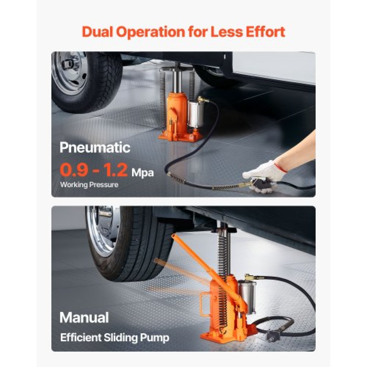 VEVOR Air Hydraulic Bottle Jack, 20 Ton (44092 lbs) Χωρητικότητα, Εύρος ανύψωσης 260-495 mm, Πνευματικό/Χειροκίνητο Συγκολλημένο γρύλο μπουκαλιών βαρέως τύπου με αντλία για SUV, Pickup, Truck, RV, Επισκευή Αυτοκινήτων, Πορτοκαλί